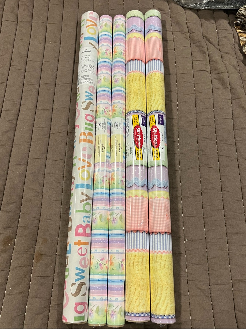 Vintage Hallmark Gift Wrap Lot 5 Rolls NOS Pastel Baby Floral Cottagecore USA